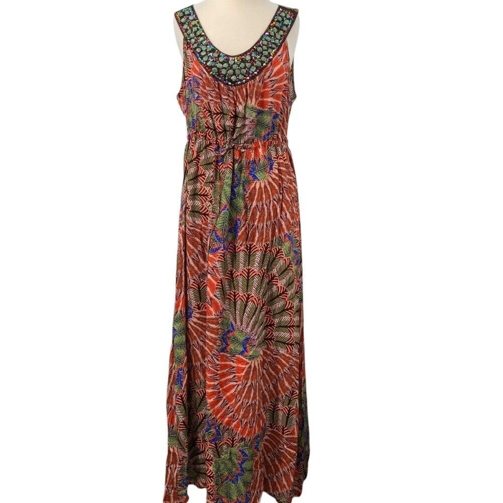 Valerie Stevens Womens Sleeveless Beaded Maxi Dress Multi-Color Abstract Size XL